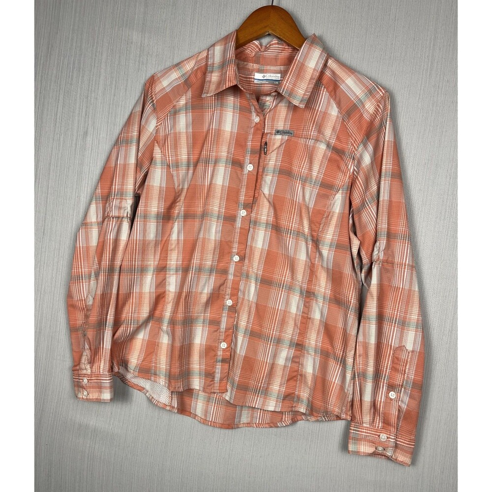 Columbia PFG Tamiami Shirt Womens Large Coral Plaid‎ Fishing Vented Gorpcore